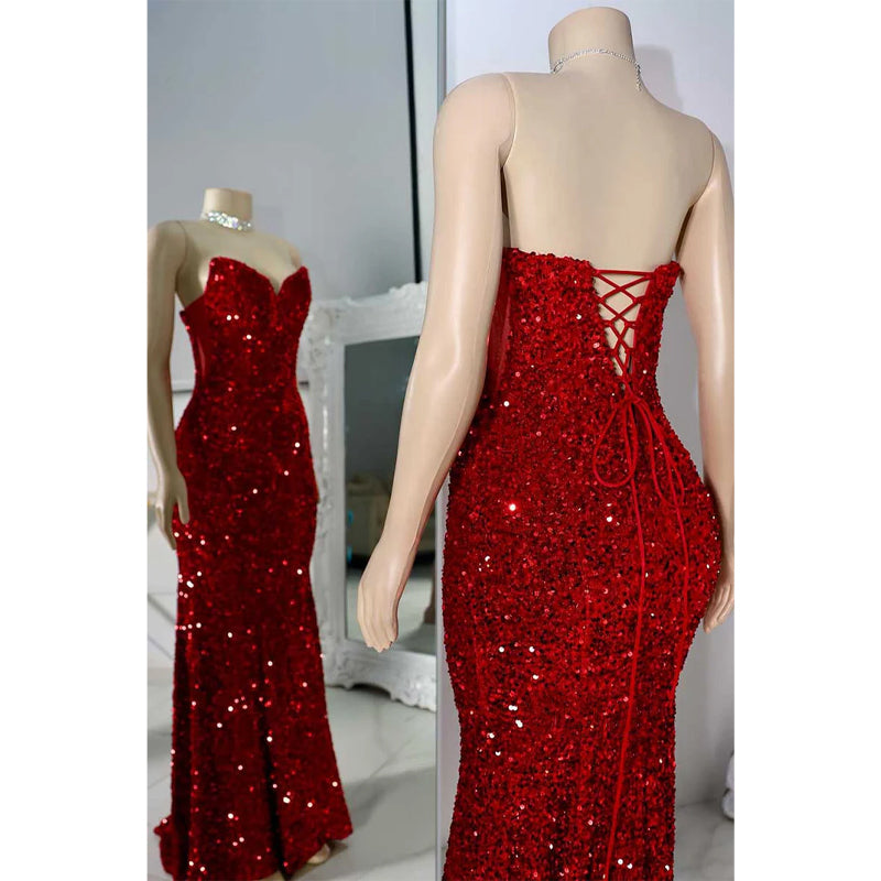 Sexy Trumpet Strapless Fully Sequined Party Prom Evening Dress for Black Women